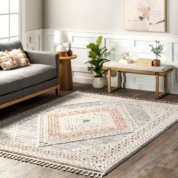 Nuloom Acacia Raised Diamond Tasseled Area Rug Beige