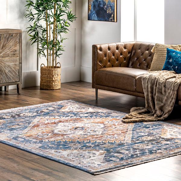 Nuloom Addison Transitional Faded Medallion Fringe Area Rug Blue