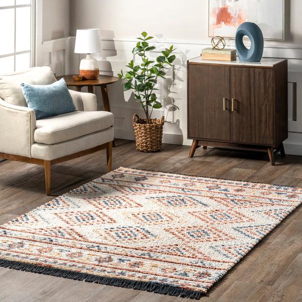 Nuloom Adelina Tribal Diamonds Fringe Area Rug Beige