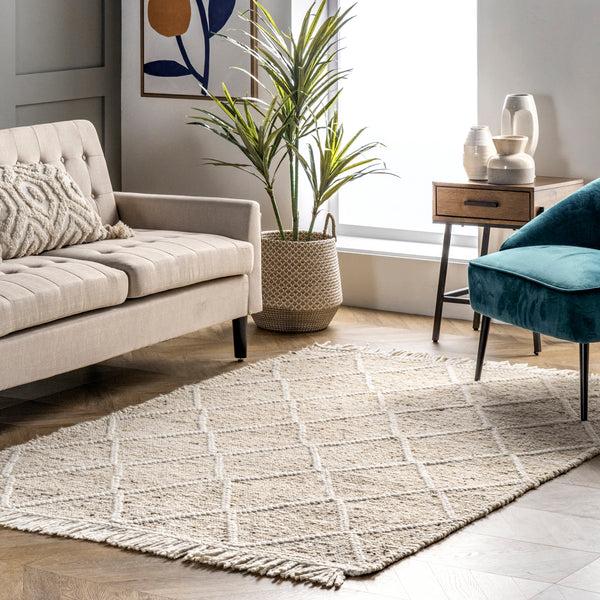 Nuloom Brooklyn Textured Trellis Wool Fringe Area Rug Beige