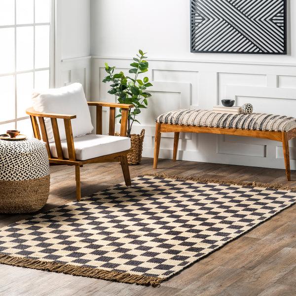 Nuloom Connie Checkered Wool/Jute Tasseled Area Rug Gray