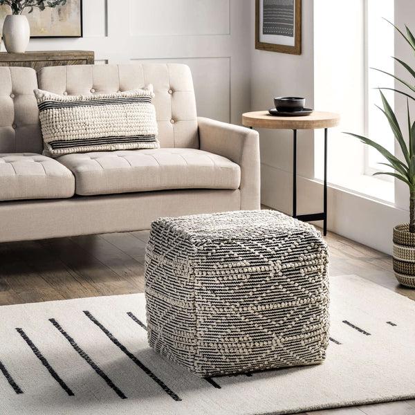 Nuloom Cotton Textured Trellis Ottoman Pouf Natural