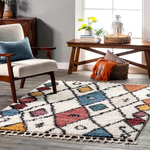 Nuloom Donette Colorful Diamond Tasseled Area Rug Beige