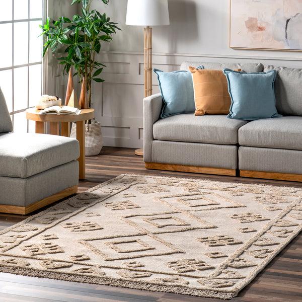 Nuloom Esteri Geometric Cotton Tassel Area Rug Beige