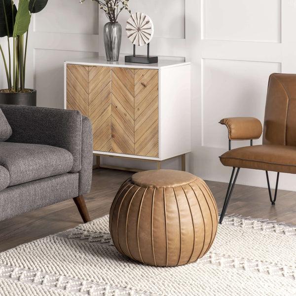 Nuloom Faux Leather Round Filled Ottoman Pouf Brown