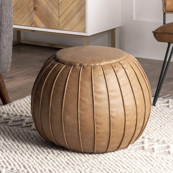 Nuloom Faux Leather Round Filled Ottoman Pouf Brown