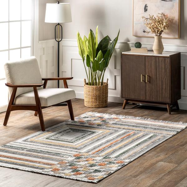 Nuloom Gloria Striped Geometric Fringe Area Rug Light Gray