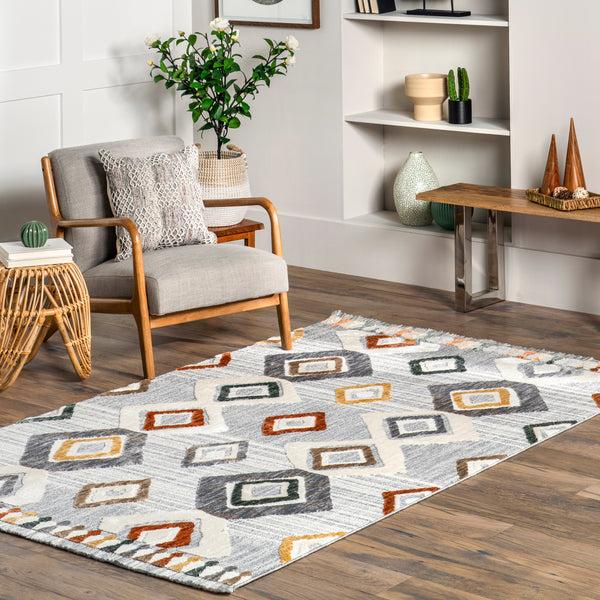 Nuloom Greta Diamond Lined Fringe Area Rug Light Gray
