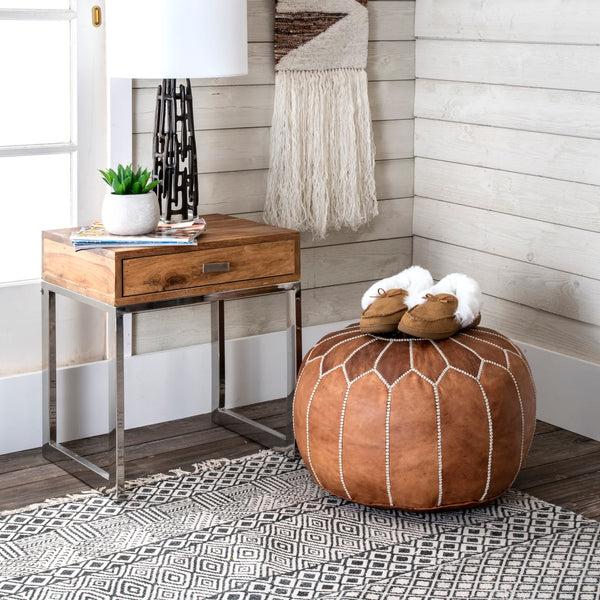 Nuloom Handmade Moroccan Leather Filled Ottoman Pouf Dark Grey