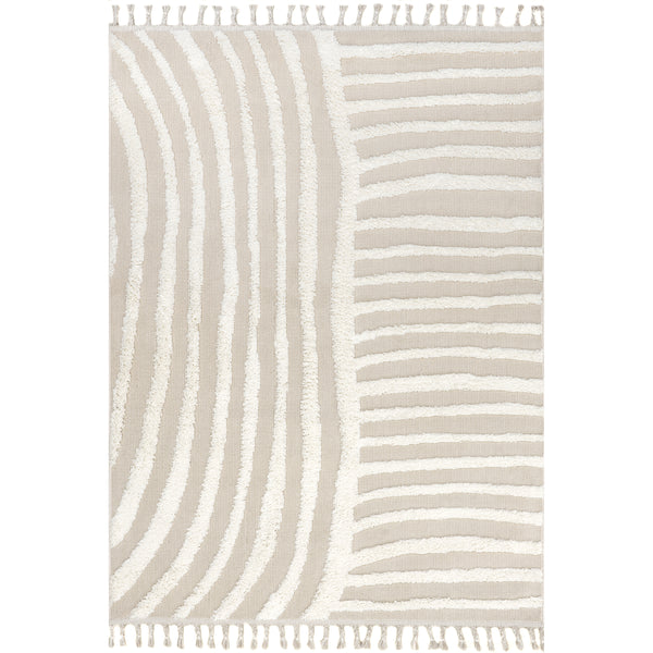 nuloom Ianthe Abstract Stripes High-Low Tasseled Area Rug Beige