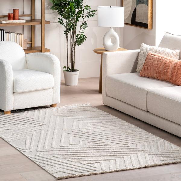 Nuloom Isabeau Modern Geometric High-Low Fringe Area Rug Ivory