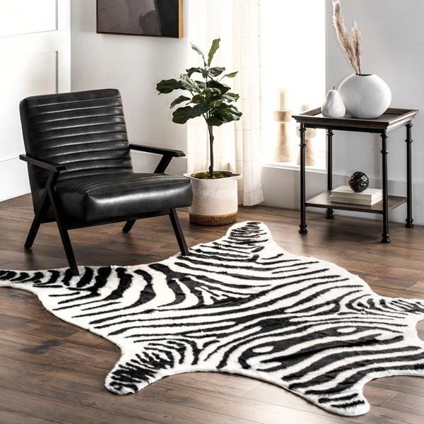 Nuloom Jayla Machine Washable Zebra Faux Cowhide Area Rug Black And White