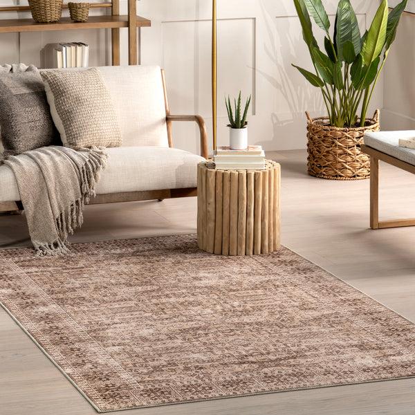 Nuloom Jett Floral Border Stain-Resistant Machine Washable Area Rug Beige