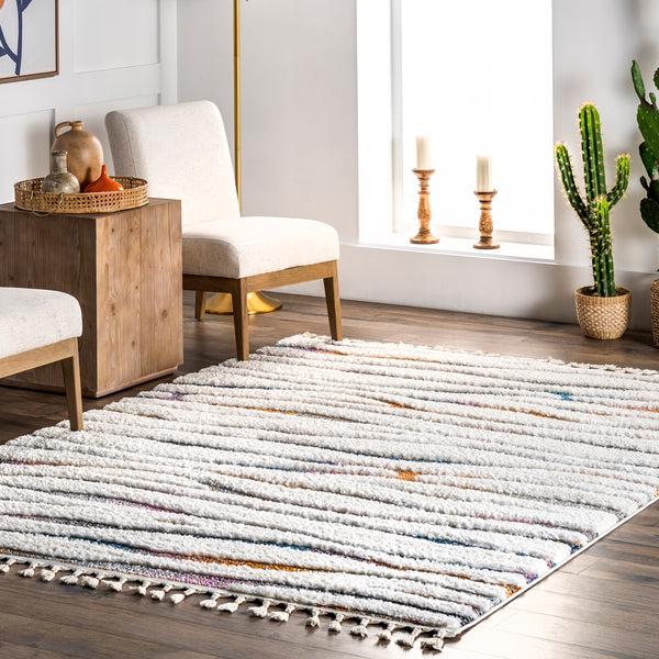 Nuloom Jodie Rainbow Zebra Braided Tassle Area Rug Ivory