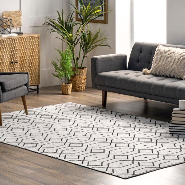 Nuloom Josie Hand Loomed Cotton Flatweave Geometric Trellis Area Rug Ivory