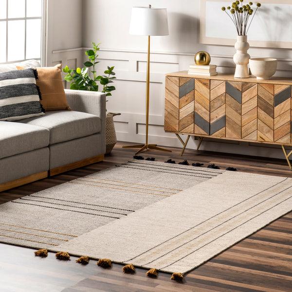 Nuloom Karlene Modern Striped Wool Tasseled Area Rug Ivory