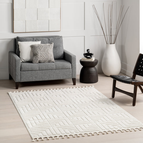 Nuloom Kerensa Geometric Maze Tasseled Area Rug Cream