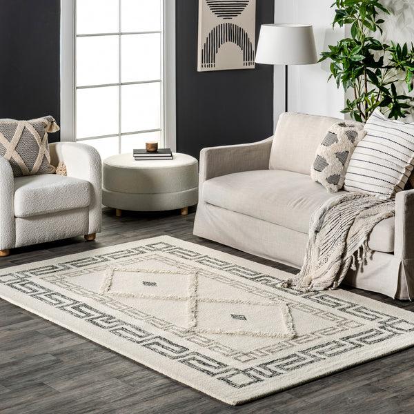 Nuloom Laina Greek Key High/Low Wool Area Rug Ivory