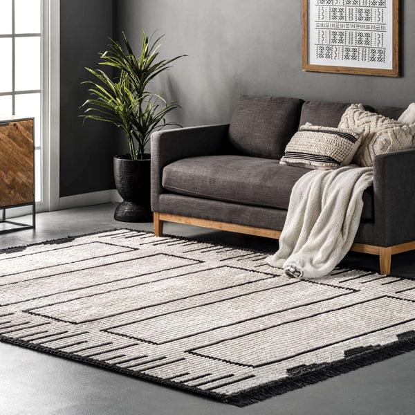 Nuloom Lucia Scrolling Panels Fringed Area Rug Beige