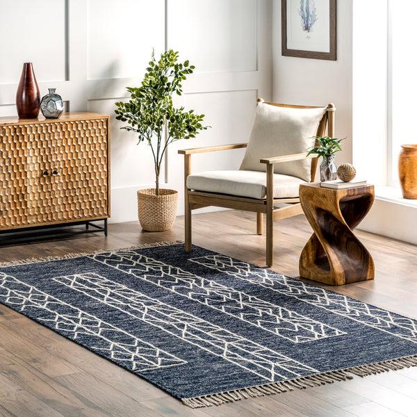 Nuloom Melley Bohemian Tribal Banded Tasseld Area Rug Blue