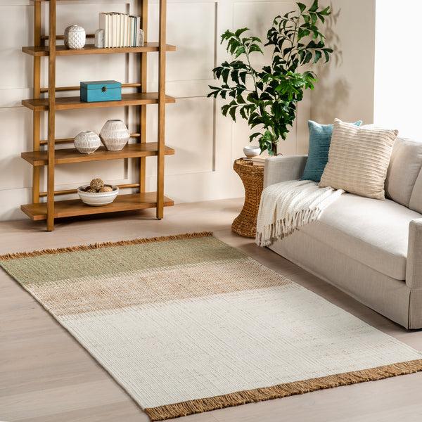 Nuloom Nanala Bold Striped Jute Tasseled Area Rug Mint Green