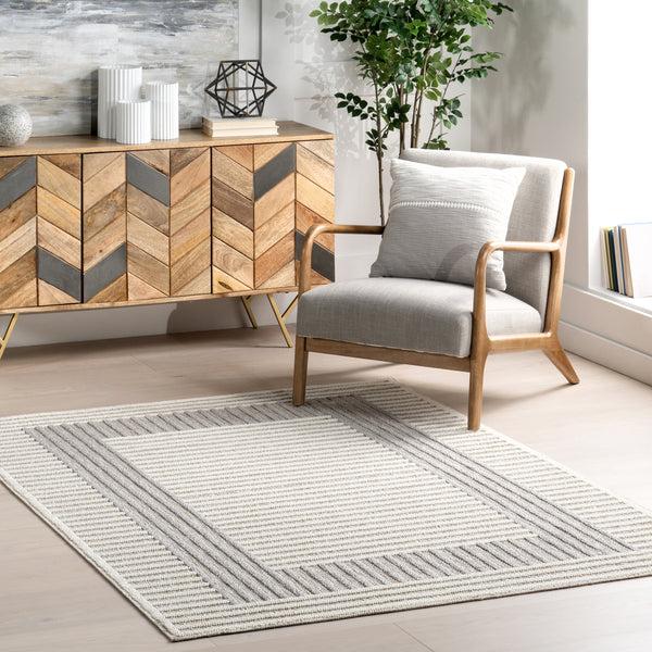Nuloom Nicka Striped Border Machine Washable Area Rug Light Grey