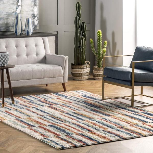 Nuloom Aimee Banded Stripes Shaggy Area Rug Beige