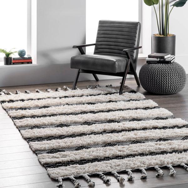 Nuloom Handmade Striped Delia Shag Area Rug Ivory