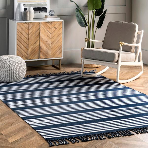 Nuloom Rowen Striped Cotton Tassel Area Rug Blue