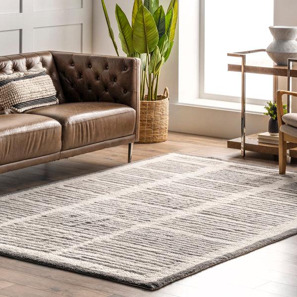 Nuloom Paneled Pinstripes Wool Washable Area Rug Ivory