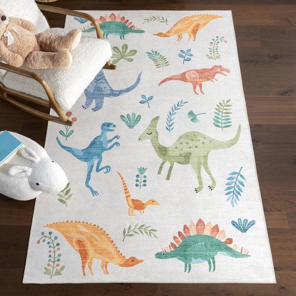 Nuloom Pavani Dinosaur SplashGuard Machine Washable Kids Area Rug White Multicolor