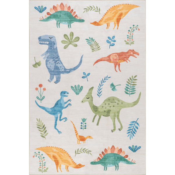 nuloom Pavani Dinosaur SplashGuard Machine Washable Kids Area Rug White Multicolor