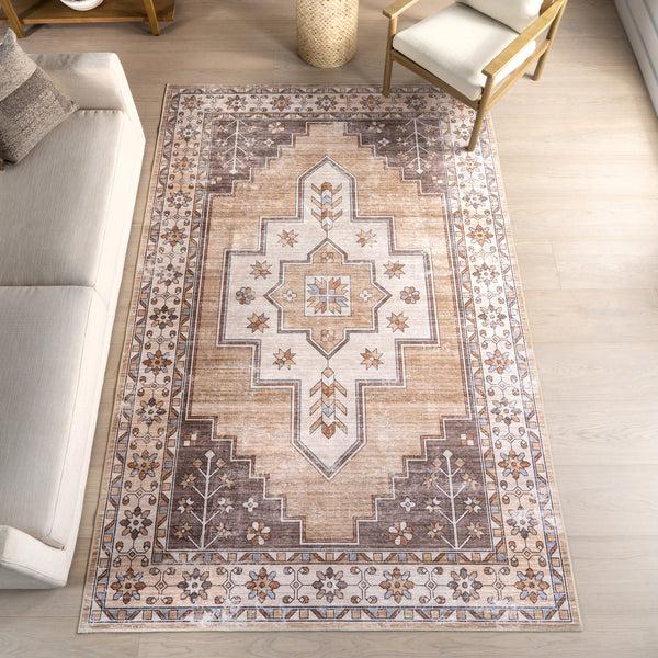 Nuloom Pavani SplashGuard Vintage Bordered Machine Washable Area Rug Sand