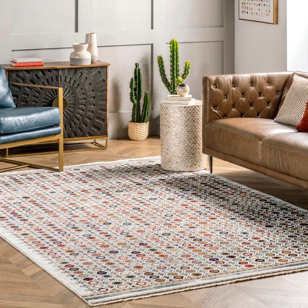 Nuloom Posie Geometric Stripe Fringe Area Rug Beige