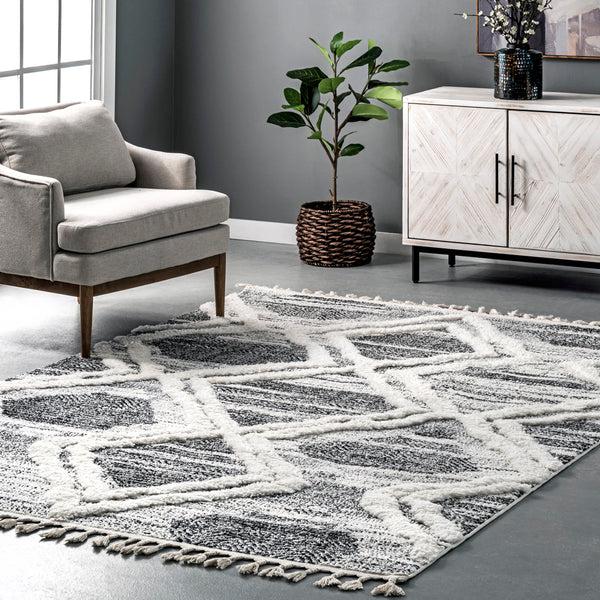 Nuloom Prissy Abstract Trellis Textured Shaggy Tassel Area Rug Gray