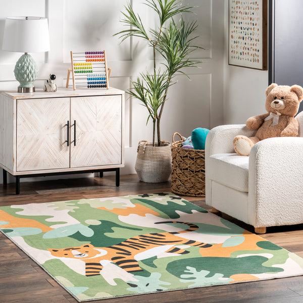 Nuloom Reenie Jungle Tiger Machine Washable Area Rug Green