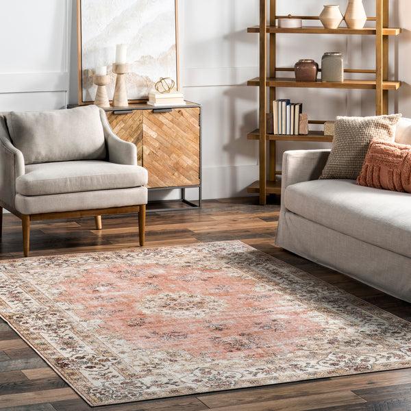 Nuloom Ren Vintage Floral Machine Washable Area Rug Peach