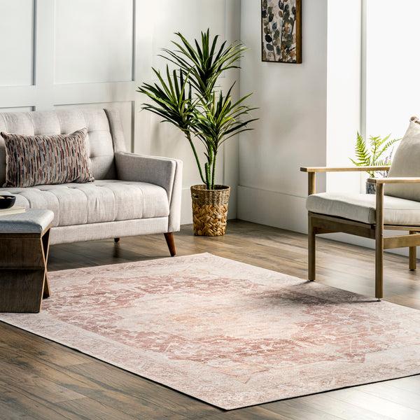 Nuloom Rosa Machine Washable Distressed Vintage Medallion Area Rug Light Pink