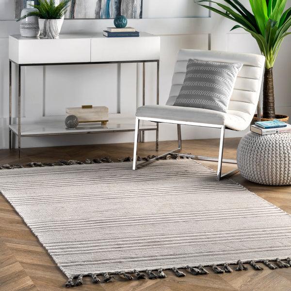 Nuloom Rose Stripe Cotton Flatweave Tassel Area Rug Light Grey