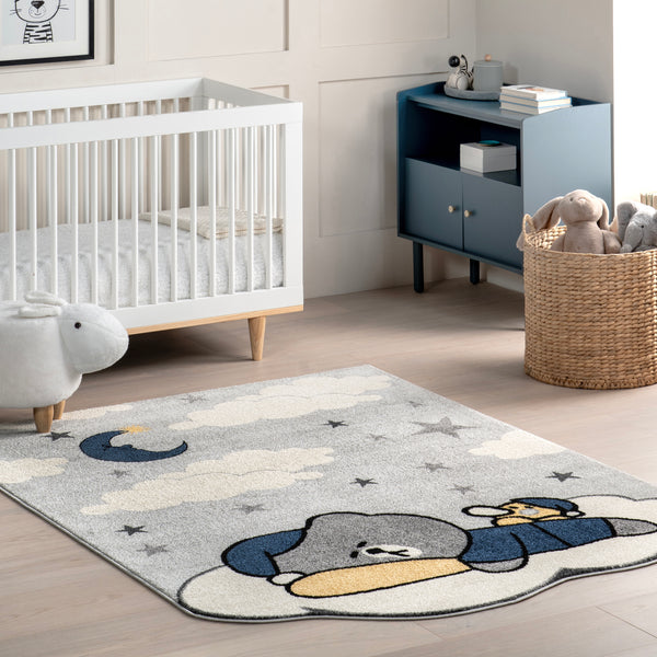 Nuloom Ryder Sleeping Bear Kids Area Rug Light Grey