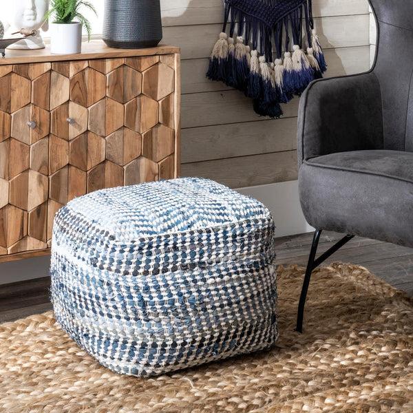 Nuloom Seville Handmade Denim Textured Filled Ottoman Pouf Blue