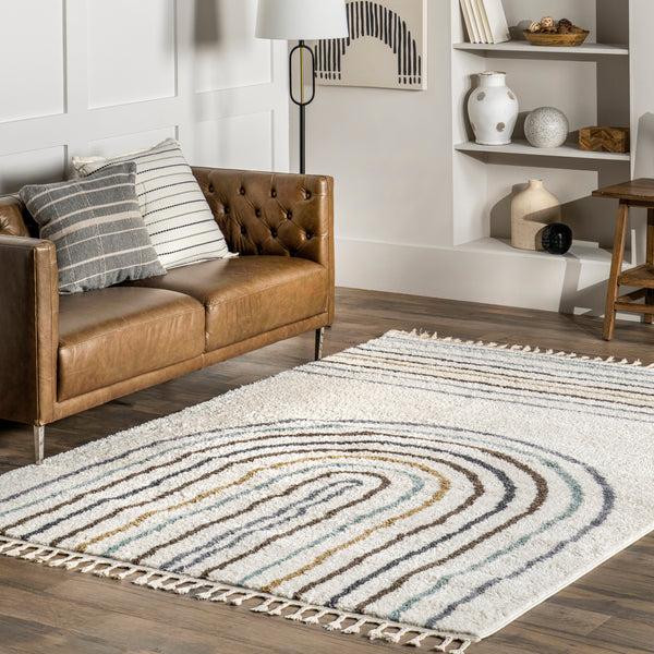 Nuloom Sina Abstract Rainbow Tasseled Area Rug Beige