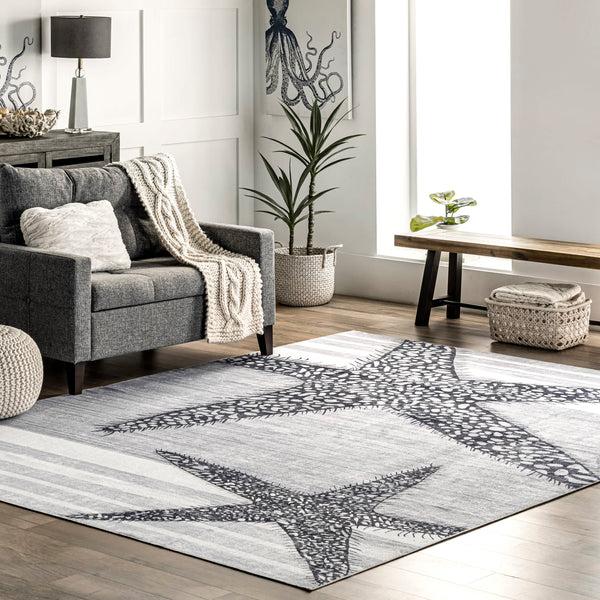 Nuloom Starfish And Stripes Machine Washable Area Rug Light Gray