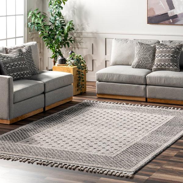 Nuloom Sybil Geometric Border Tassel Area Rug Light Gray