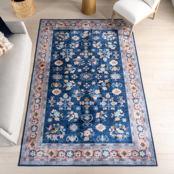 Nuloom Verity SplashGuard Traditional Medallion Machine Washable Area Rug Blue
