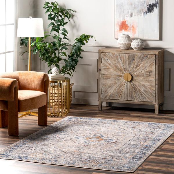 Nuloom Vintage Medallion Machine Washable Area Rug Light Gray
