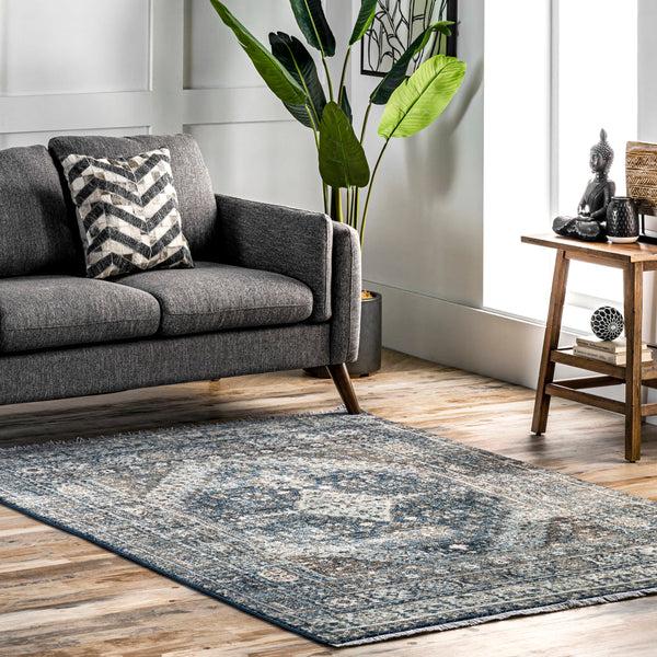 Nuloom Vintage Melani Medallion Fringe Area Rug Light Blue