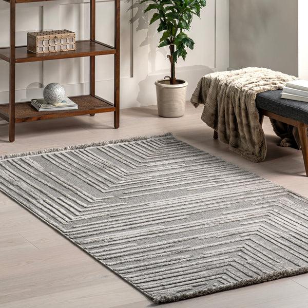 Nuloom Ziva Contemporary Abstract High-Low Fringe Area Rug Gray